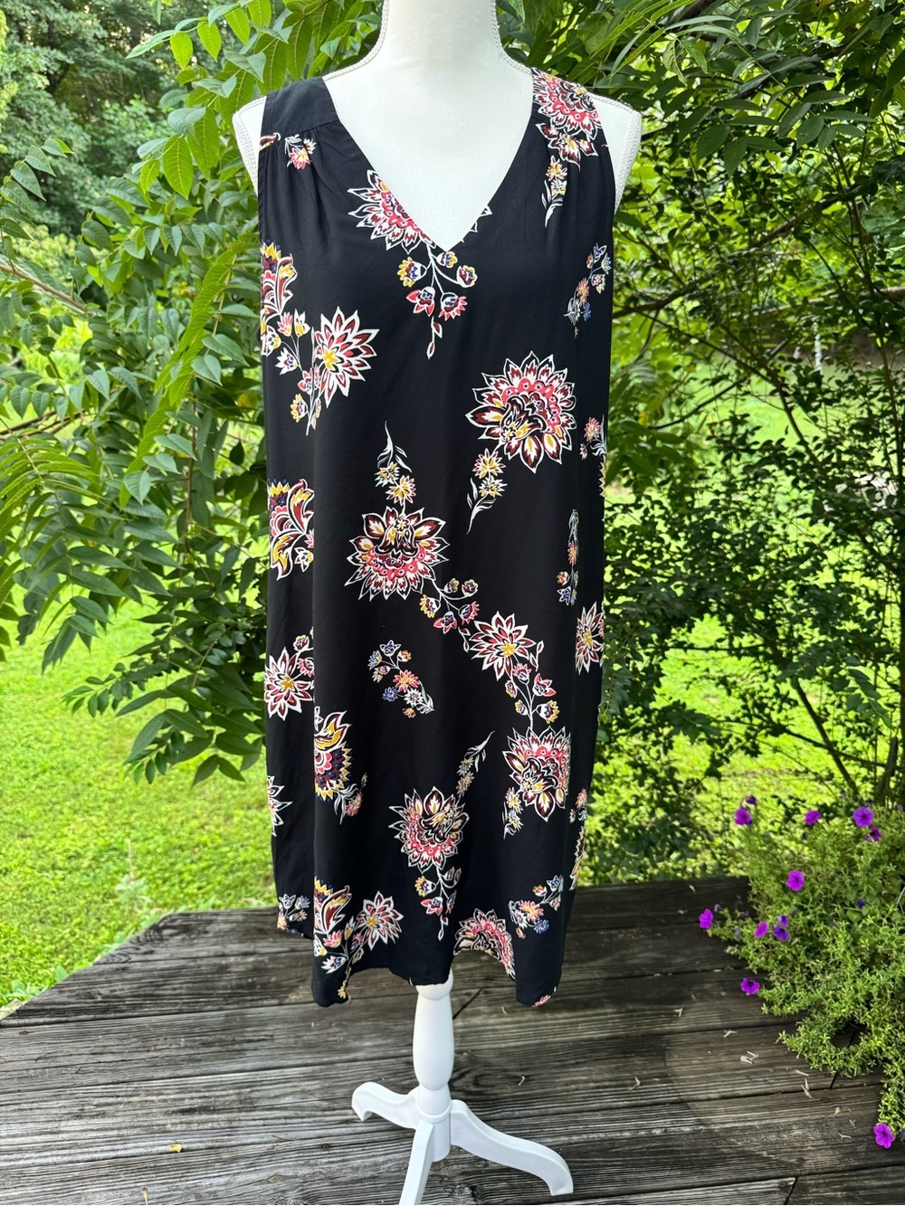 Old Navy Black Dress with Pink, White and Blue Floral Accents High Low Hemline